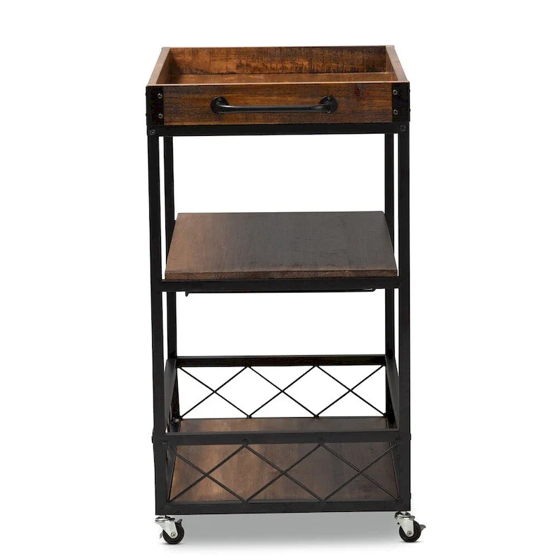 Industrial Oak Brown Bar Cart with Stemware Rack