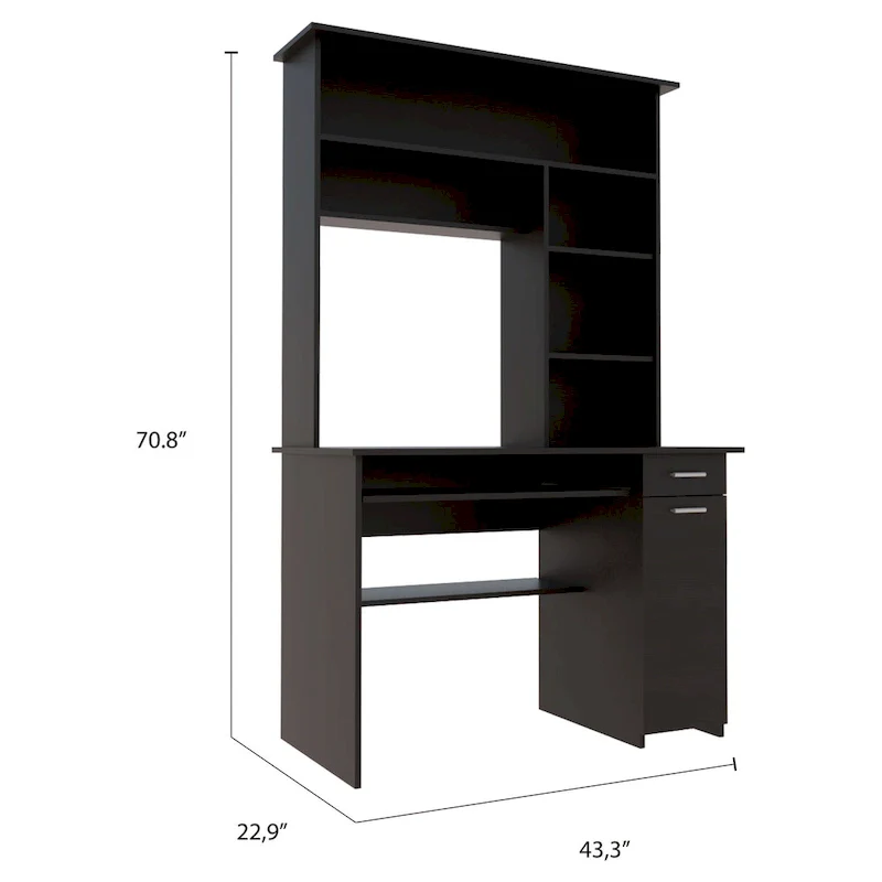 Compu 180 Hutch Desk with 5 Shelves, Retractable Keyboard Tray, CPU Panel, and Drawer