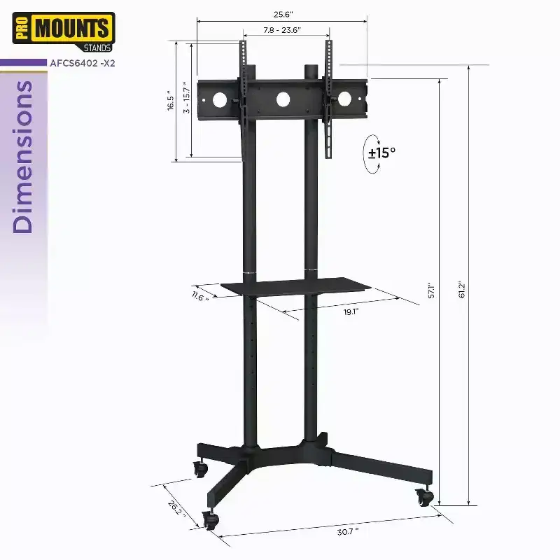 Promounts Mobile TV Cart with Tilt Mount for TVs 32 - 72 Up to 110 lbs