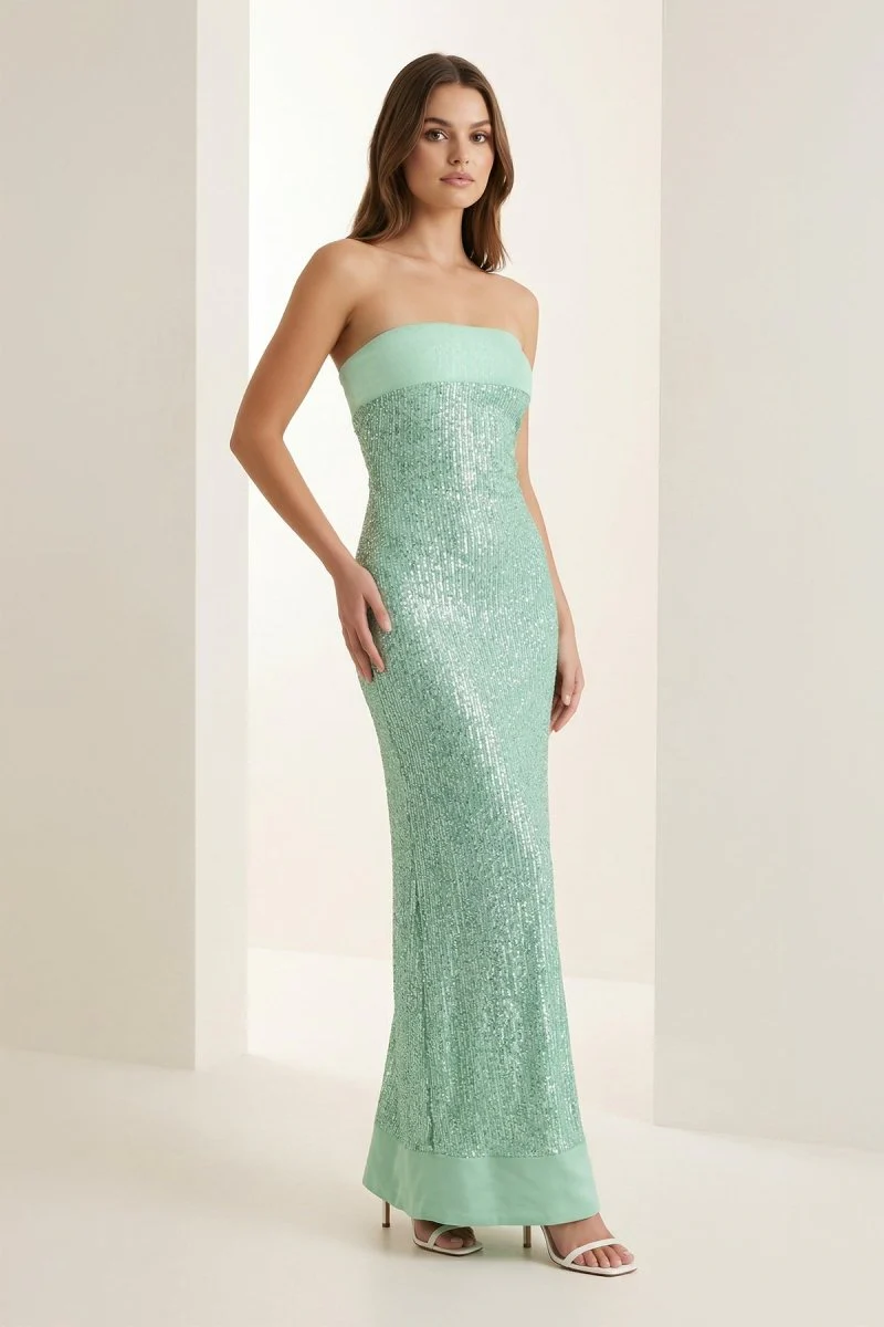 Sage Sheath Strapless Sequined Long Prom Dresses