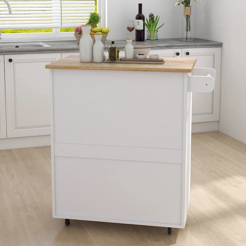 Kitchen Island Rolling Cart with Adjustable Shelves and Towel Rack, Rubberwood Top