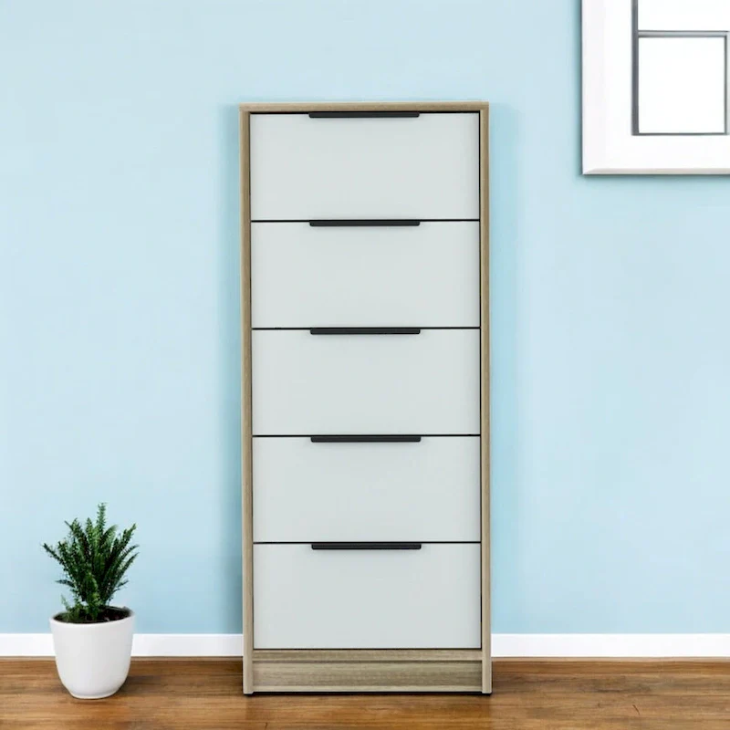 Wood Modern 5 Drawer Dresser Chest with Metal Glides and Handles