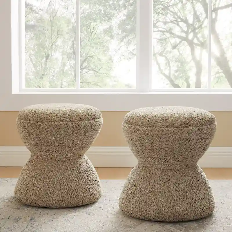 Boucle Upholstered Ottoman, Pouf, Vanity Stool for Living Room, Walk-in Closet (Set of 2)