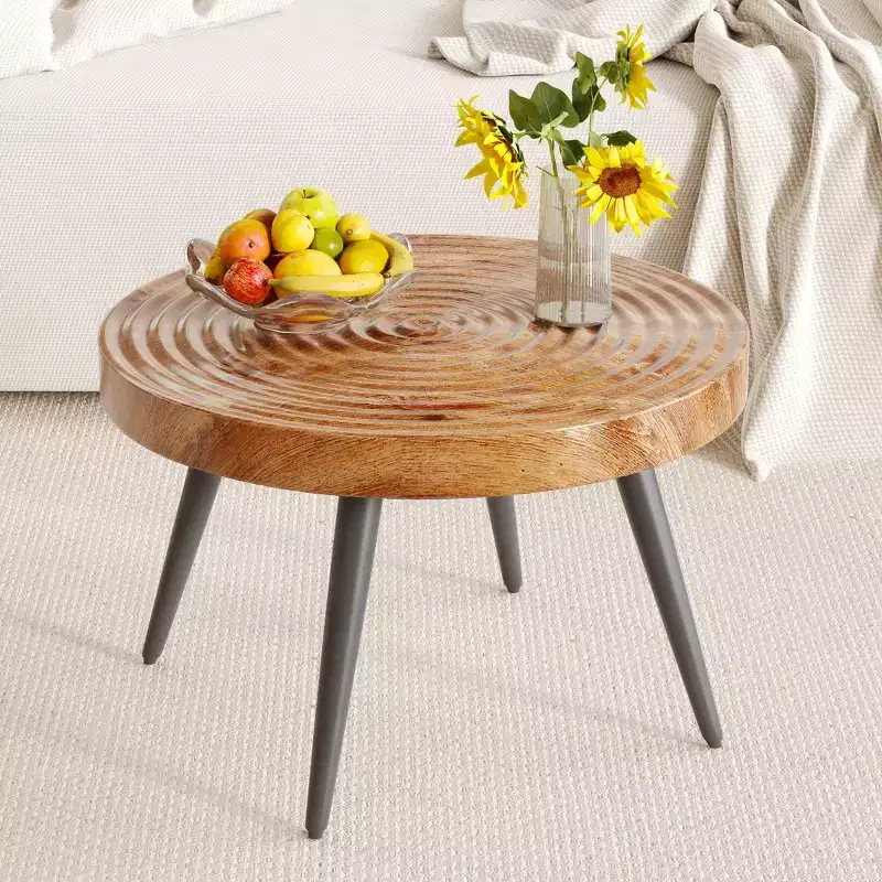 Okak Mid Century Small Round Wooden Carved Coffee Table with Black Legs,Modern Tea table Center Table for Living Room,Bedroom