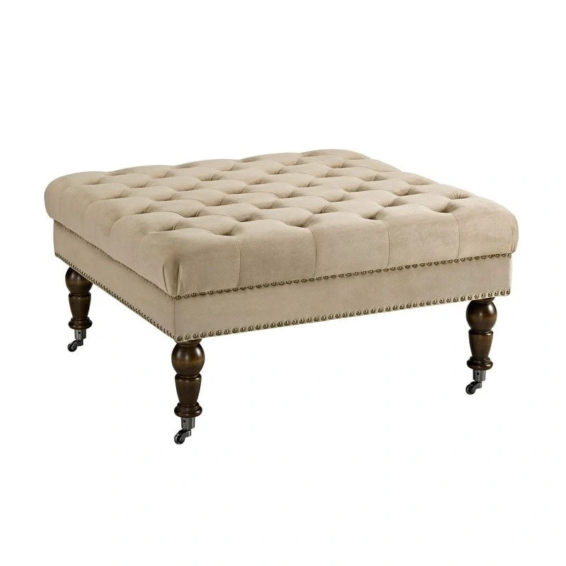 Tan Velvet Square Tufted Ottoman with Dark Walnut Legs – Single