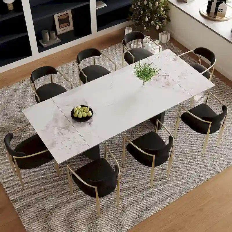 9 - Piece 94.48 Modern Minimalist Extendable Sintered Stone Top Double Pedestal Dining Set With 8 Fabric Chairs