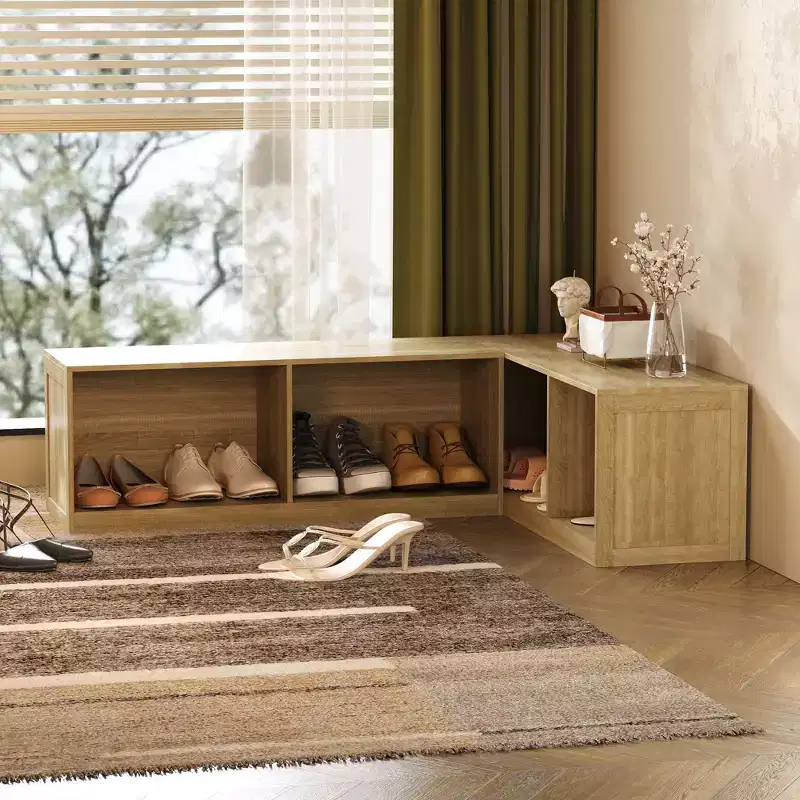 Hitow Light Wood L-Shaped Bench Shoe Rack: Multi-Compartment Storage + Versatile Surface  Space-Saving Organizer for Entryways & Living Rooms