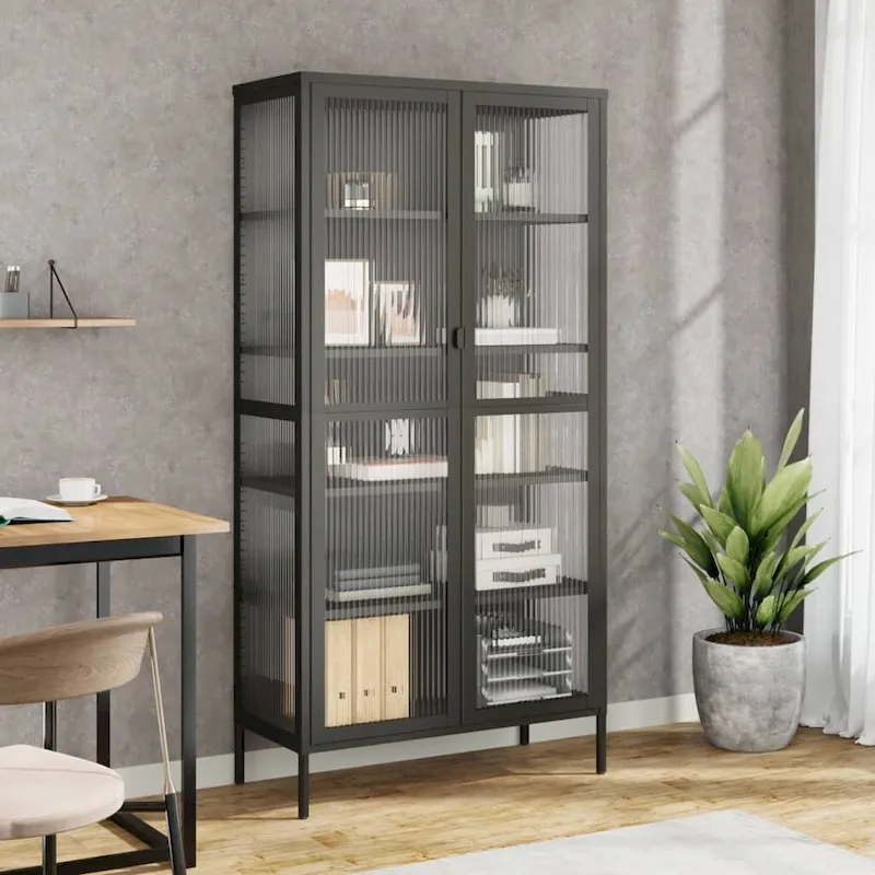 Black Highboard with Fluted Glass & Steel Frame, 33.5×15.7×70.9