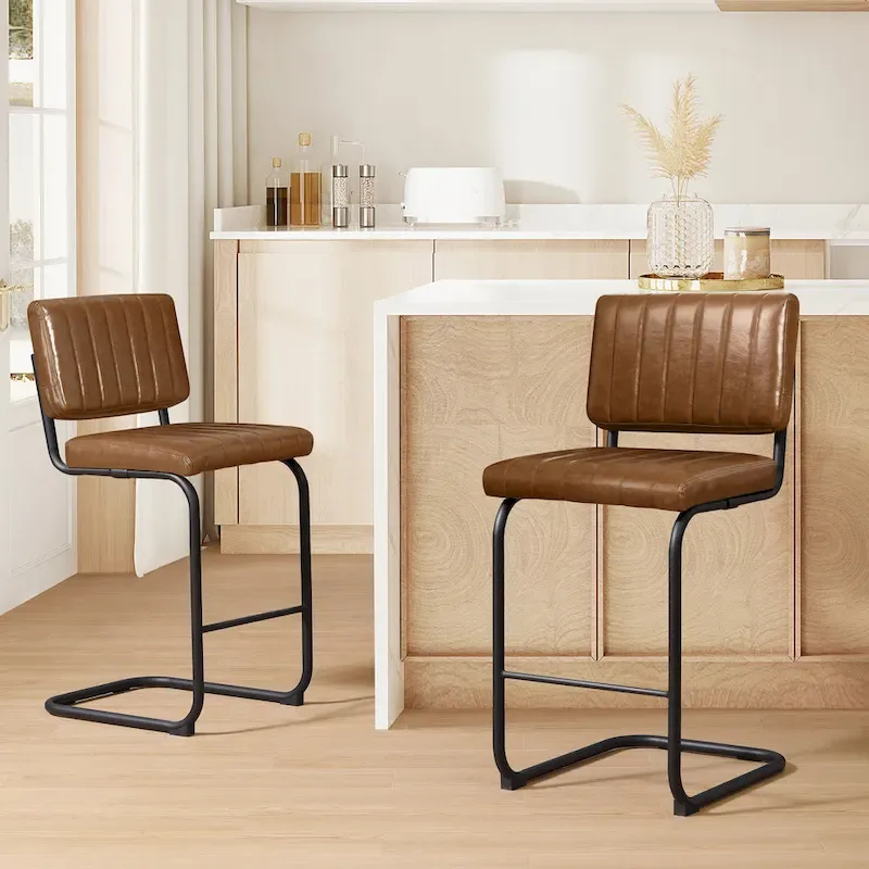 Brown Faux Leather Counter Stool with Chrome Frame