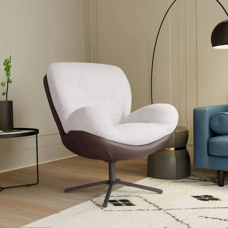 Black & Navy Blue 360° Swivel Accent Chair, Chenille & Faux Leather, Single Seat
