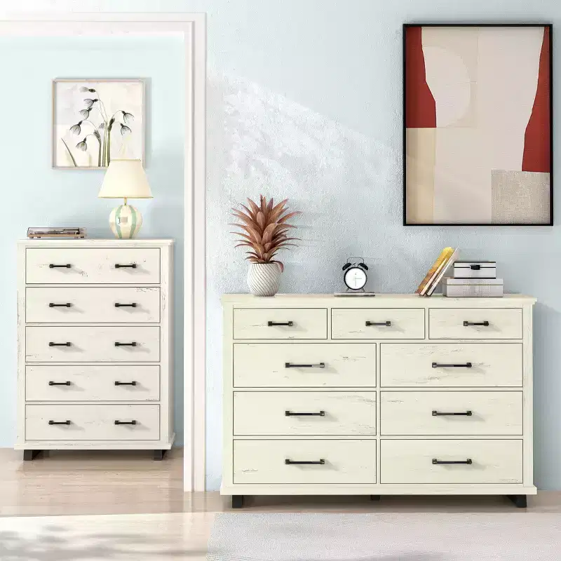 Festivo 2pc Contemporary 9 Drawer Dresser and 38" 5 Drawer Chest Set Saw Cut Off-White: Bedroom Storage with Adult Assembly Required