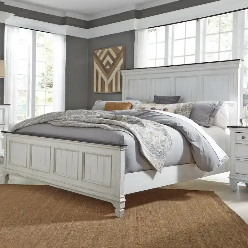 Queen Panel Bed with Beadboard Headboard – White & Charcoal, Cottage Style, Single