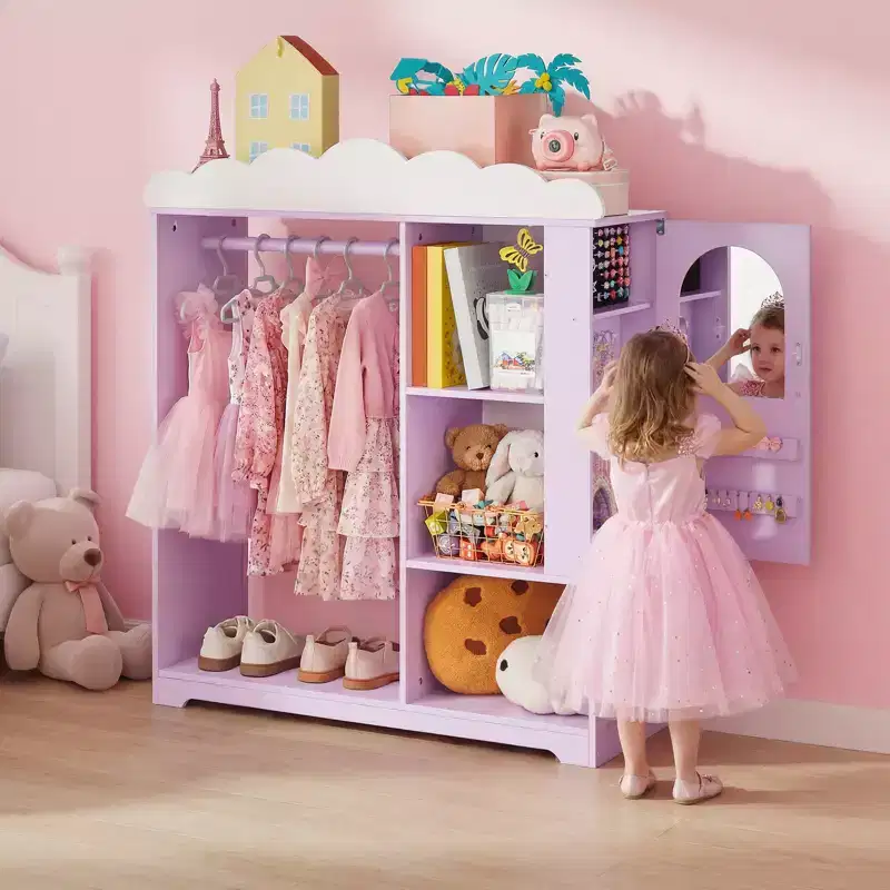 VEVOR Kids Dress Up Storage, with Jewelry Cabinet, Dress Up Closet with Mirror and Shelves, Princess Costumes Wardrobe Closet, Purple