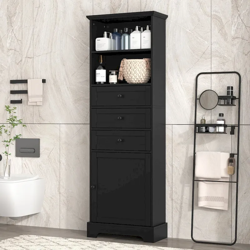 Black Wood Finish Tall Storage Cabinet with 3 Drawers & Adjustable Shelves, 1-Person Use