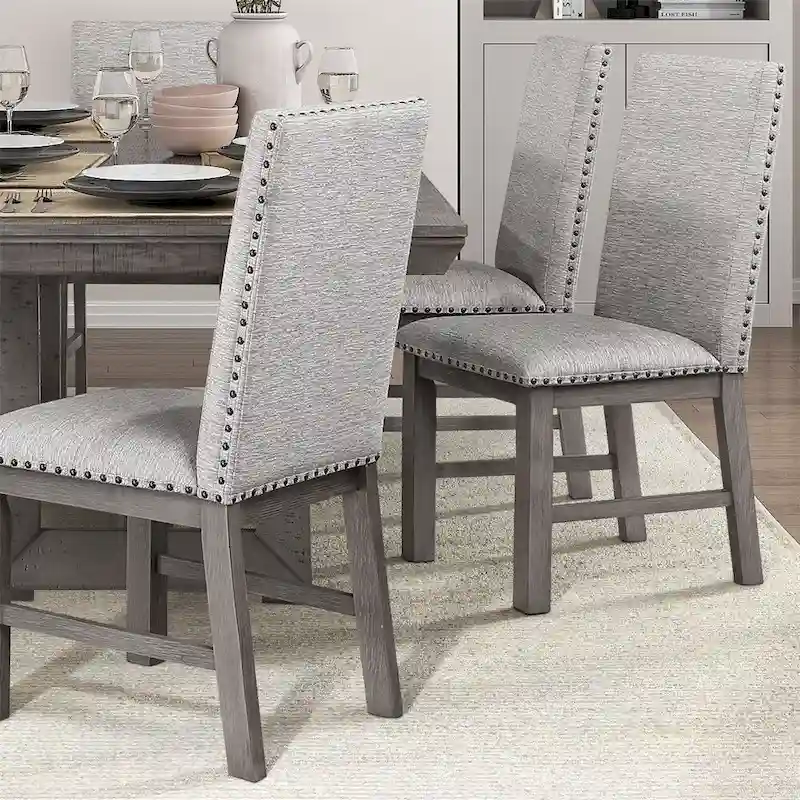 7 PCS Dining Set w/ Extension Leaf Table and 6 Upholstered Chairs