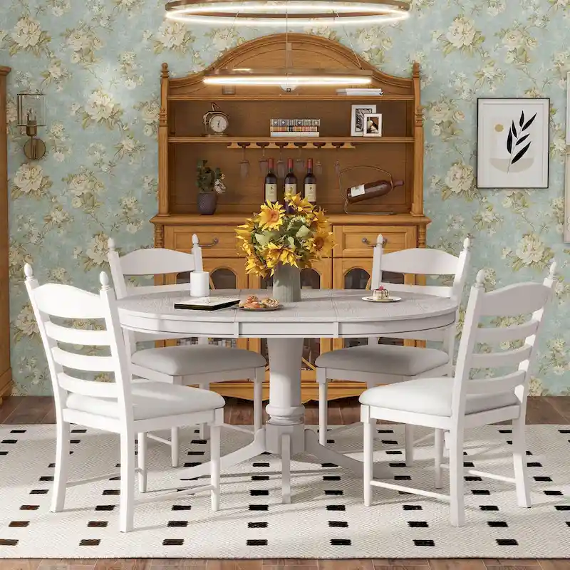 5 Piece Round Dining Table Set, Solid Wood Kitchen Table and Chair Set with Extendable Table and 4 Upholstered Chairs