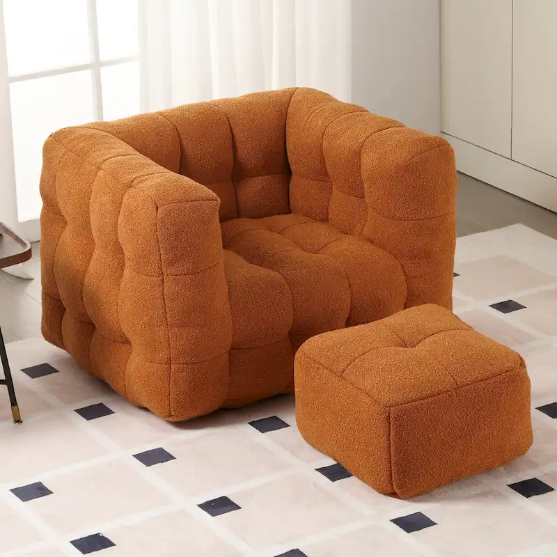 HOMEFUN Boucle Upholstered Tufted Modern Single Side Sofa Chair with Ottoman