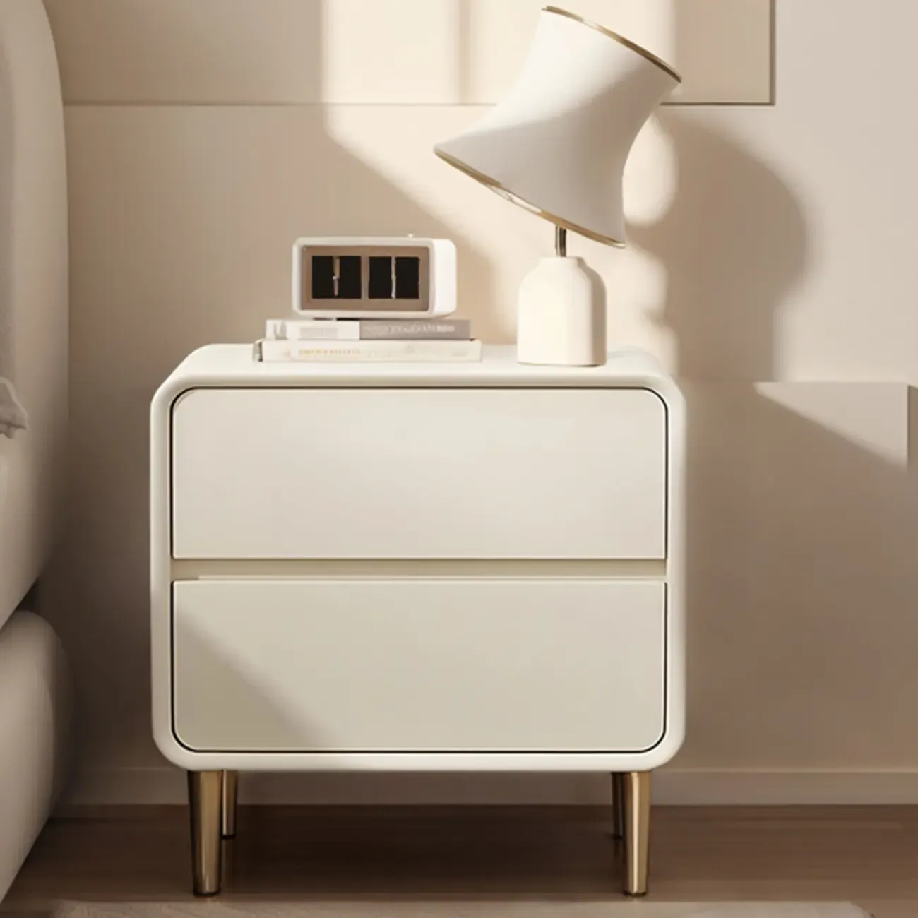 Modern White Bedside Table with Storage Drawers