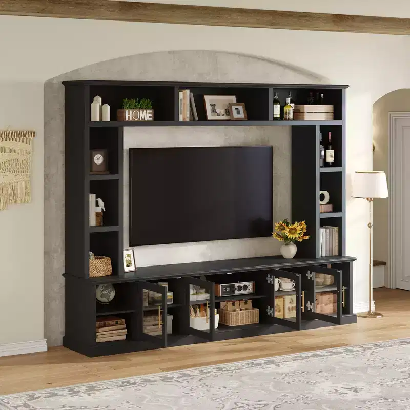 GDFStudio Kaisen Modern TV Entertainment Center with Bookshelves and Tempered Glass Door