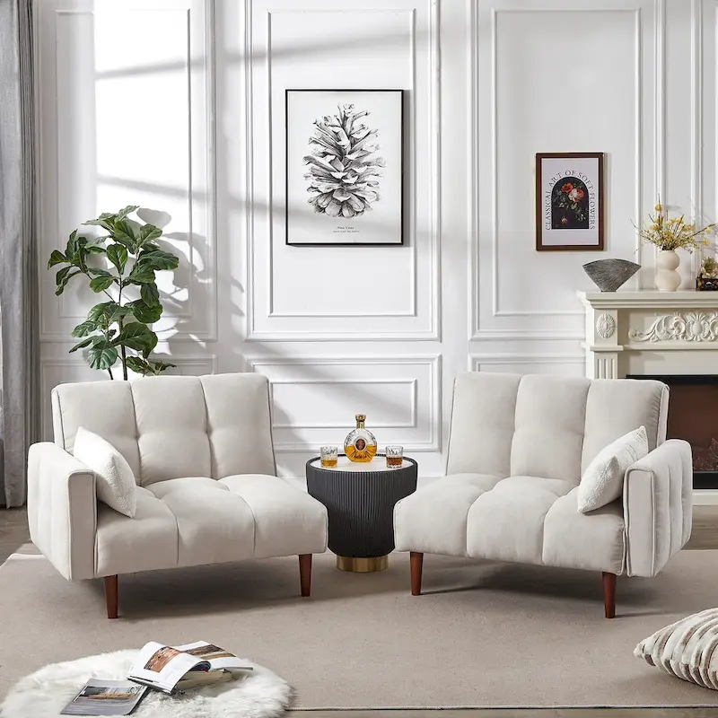 Convertible Futon Sofa Bed, Adjustable Couch Sleeper, Modern Fabric Linen Upholstered Futon Sofa bed with 2 Pillows