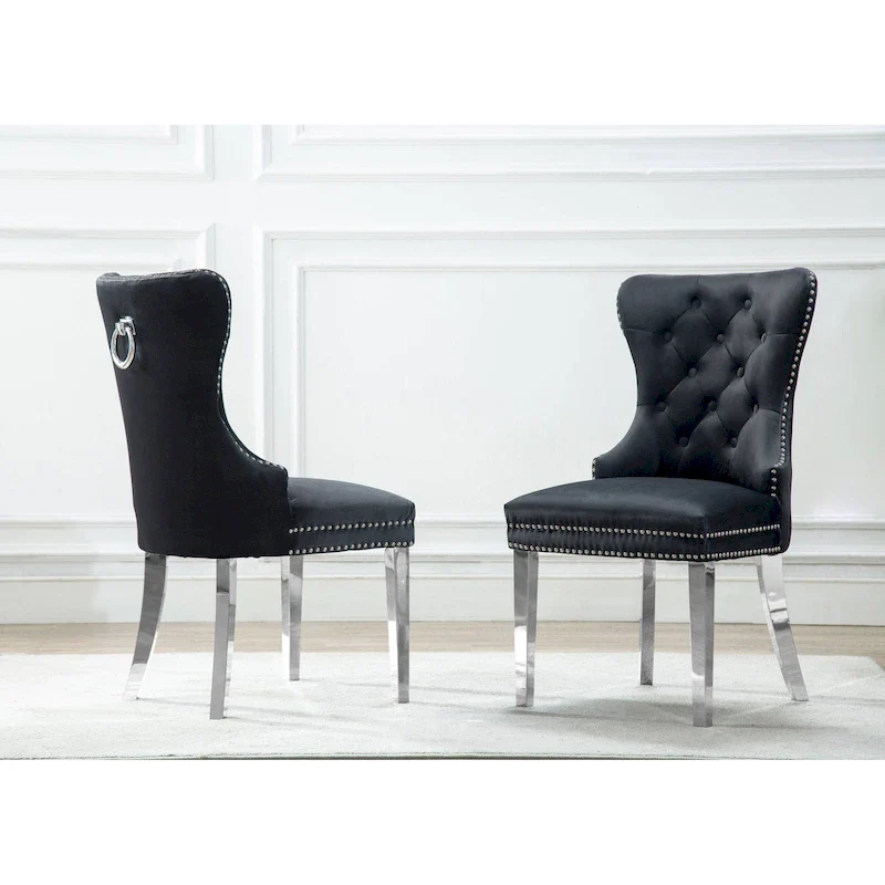 Wingback Button-Tufted Dining Chairs with Nailhead Trim & Steel Frame – Black / Grey / Cream / Navy Blue / White Faux Leather