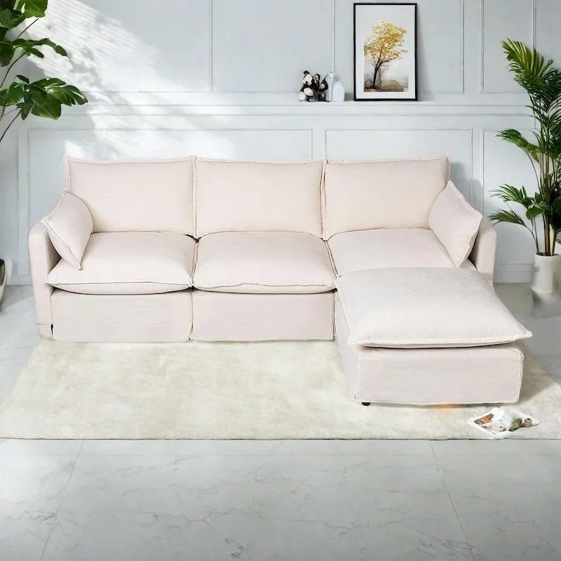 93.31  Faux Linen Modular Sectional Sofa with Movable Ottoman, Solid Wood Frame, and High-Resilience Foam Cushions