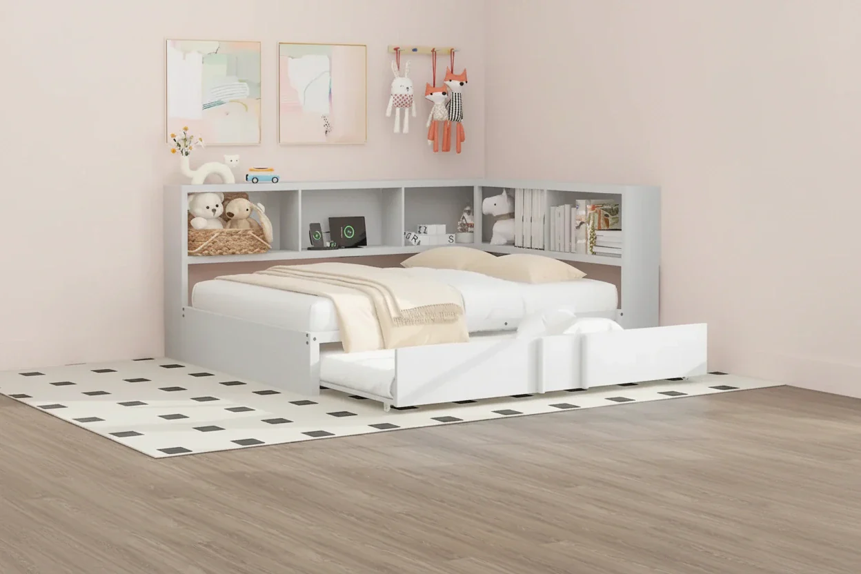 Devali Blue Metal Daybed with Twin Trundle, 5 Storage Cabinets & Charging Station – USB Ports & Outlets