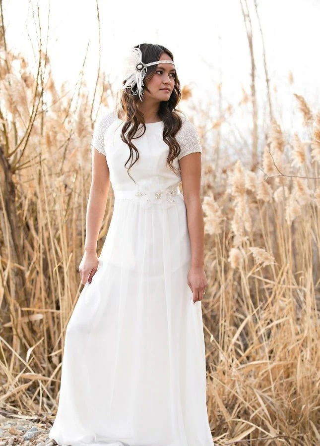 Crystals Short Sleeves Chiffon Boho Simple White Wedding Dresses