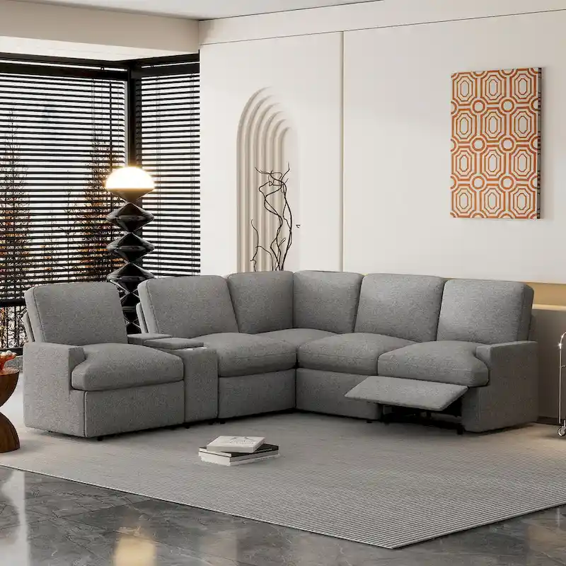Beige / Dark Grey / Grey L-Shaped Recliner Sectional Sofa, 2-Seat