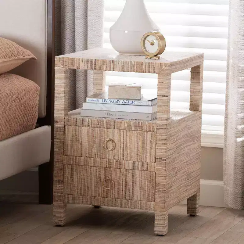 Natural Woven Grasscloth 2-Drawer Nightstand, 1-Person