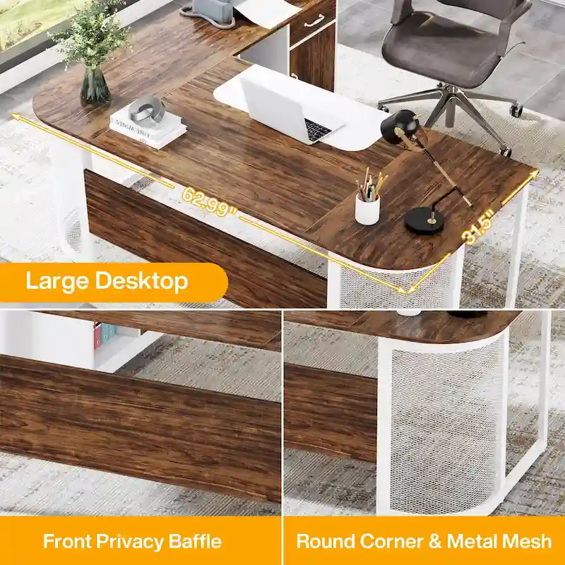 Large 63  L-Shaped Executive Office Desk with 31 File Cabinet