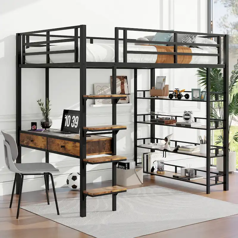 Metal Loft Bed with Desk, Ladder, Fence, and Shelves for Kids