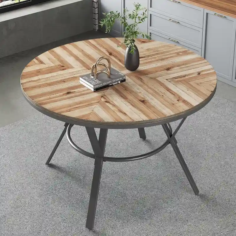 Light Birch + Black Round Dining Table with Metal Legs, Seats 4