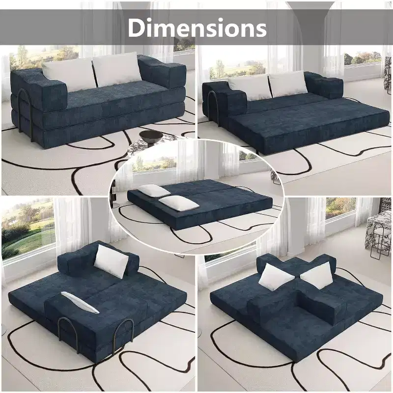 MooxvMoo 80 Convertible Couch Bed with 2 Pillows, 3-Seat Floor Sofa, King Size Sleeper, DIY Combination, Chenille, Blue