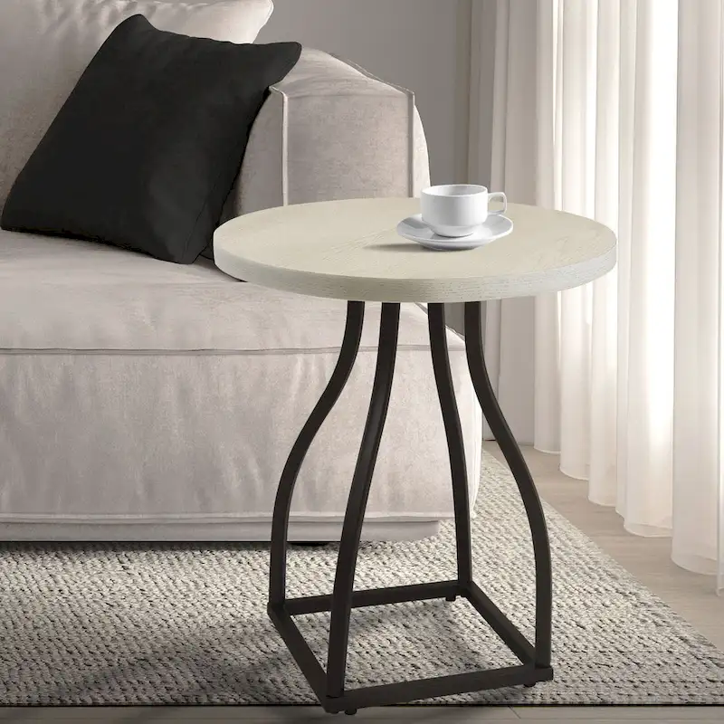 Brown / Umber / White Wash Round Wood Top Accent Table with Metal Base