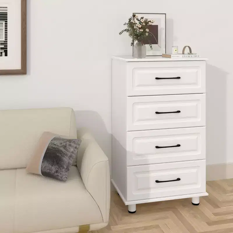 Sandinrayli 4 Drawer Dresser, Modern Small Dressers with Drawers Closet Wood Storage Chest Cabinet with Steel Handles, White