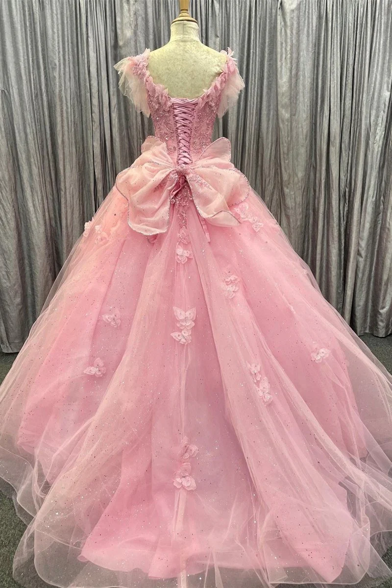 Pink Tulle 3D Floral Lace Bow-Back Quinceanera Dress with Flutter Sleeves