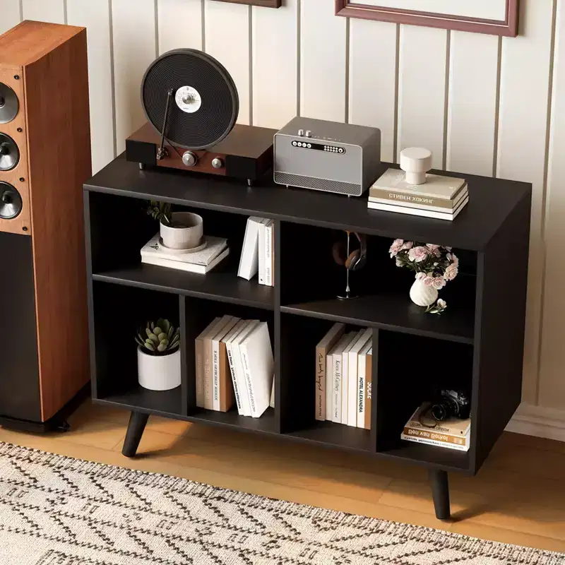 Large Vinyl Record Storage Cabinet Holds 350 Albums, Wood Turntable Stand w/ Charging Station & Open Cube Shelves, Organizer for Living Room