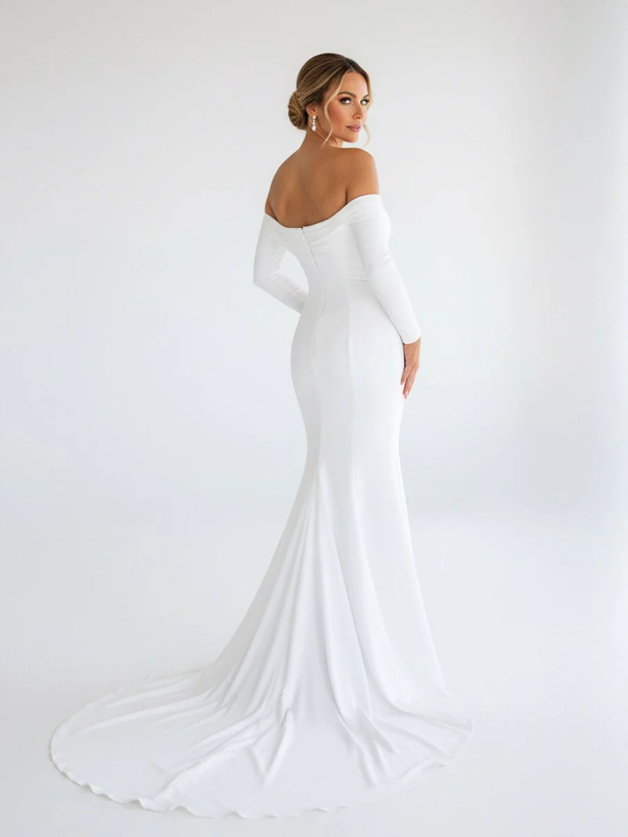 Simple White Boho Mermaid Long Wedding Dress with Sleeves