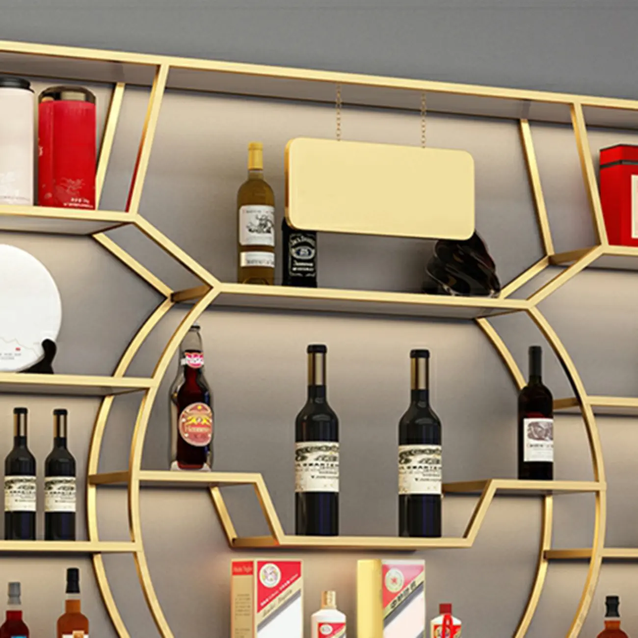 Multi-Shelf Gold Metal Wall-Mounted Wine & Glass Rack