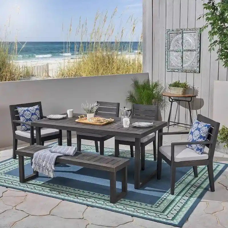 6 Piece Patio Furniture Set, Acacia Wood Outdoor Table and Chair Set with Rectangular Table, 4 Chairs and 1 Bench
