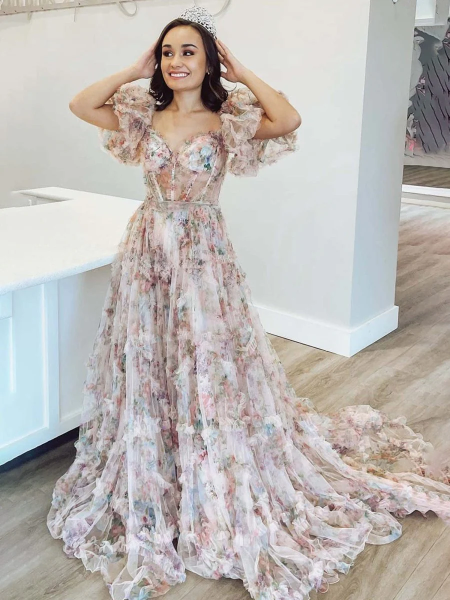 A Line Off The Shoulder Floral Tulle Prom Dress