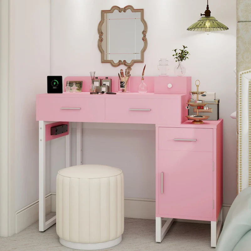 Reversible Makeup Vanity Desk With Charging Station and 4 Wooden Drawers and 1 Cabinet - N/A