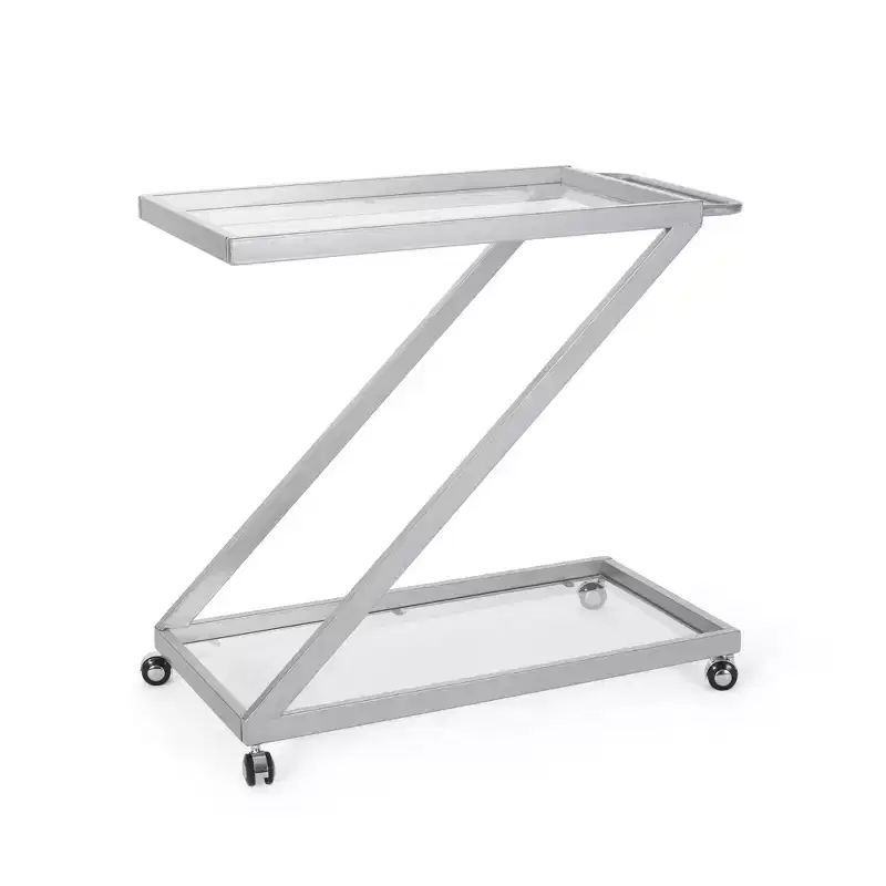 NAYSAYE Bar Serving Cart Modern Glass Shelves with Durable Iron Frame and Rolling Casters for Living Room , Silver, 36.5*18.75*34