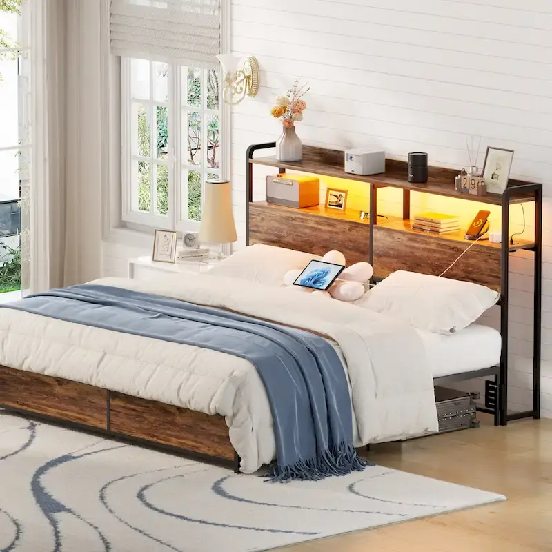 Headboard with Storage Drawers and LED Light, Head Board with Outlets, USB Ports