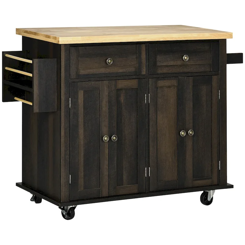 Brown Oak / Grey / White / Black Rolling Kitchen Island Cart with Spice Rack