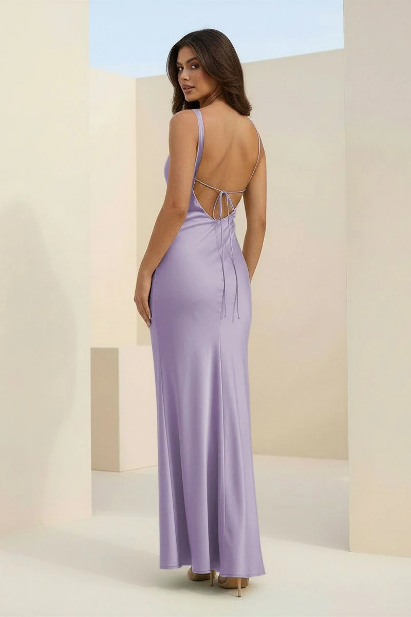 Red Cowl Neck Sleeveless Sheath Satin Backless Long Prom Dresses