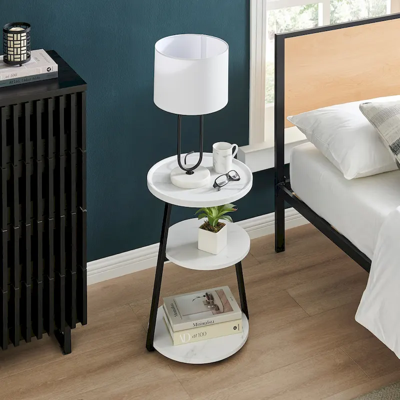 Skylar Round 3-Tier Side Accent Table with Raised Lip Edge Tabletop and Midcentury Modern Metal Asymmetric Pedestal Legs