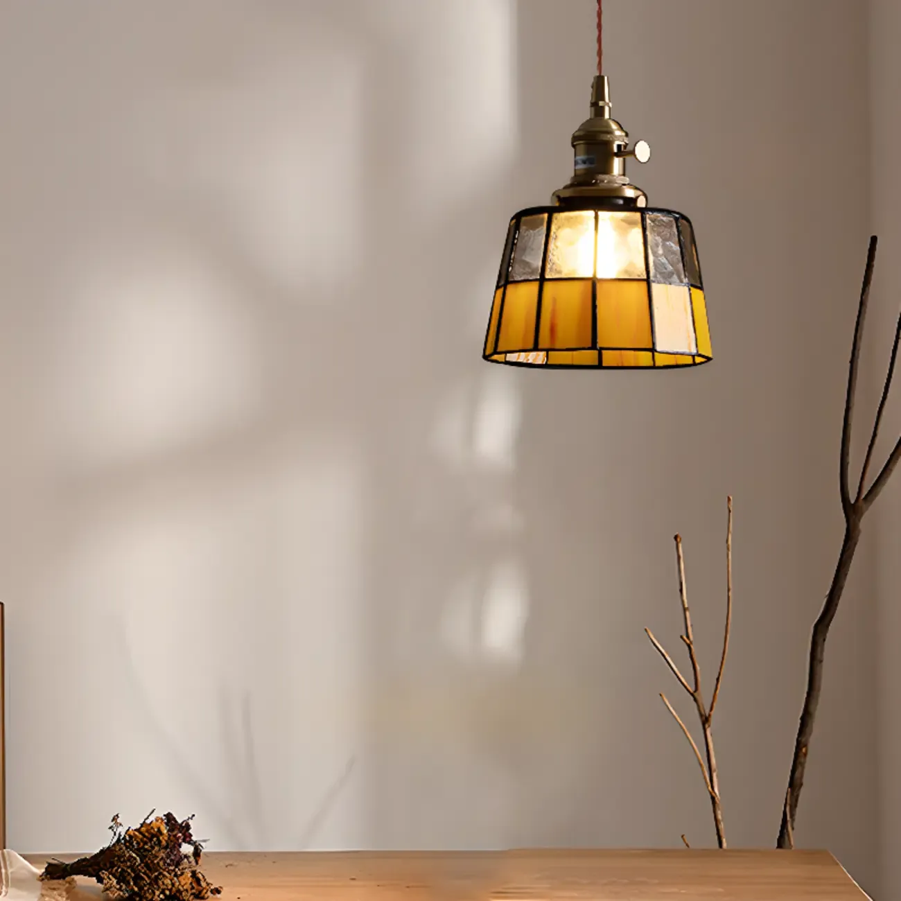Frosted Yellow Glass Antique Brass Geometric Pendant Light