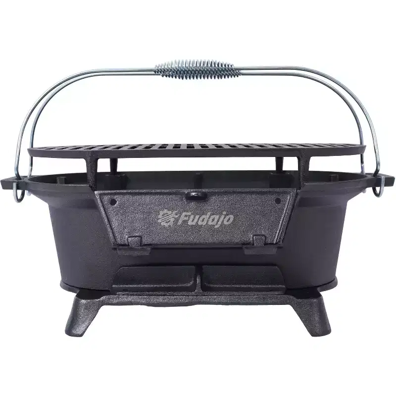 Oval/Rectanglar Cast Iron Outdoor Table Grill Charcoal Tabletop Griddle for Camping,Parties,Portable BBQ Enamel-Coated Skillet with Grab Handle